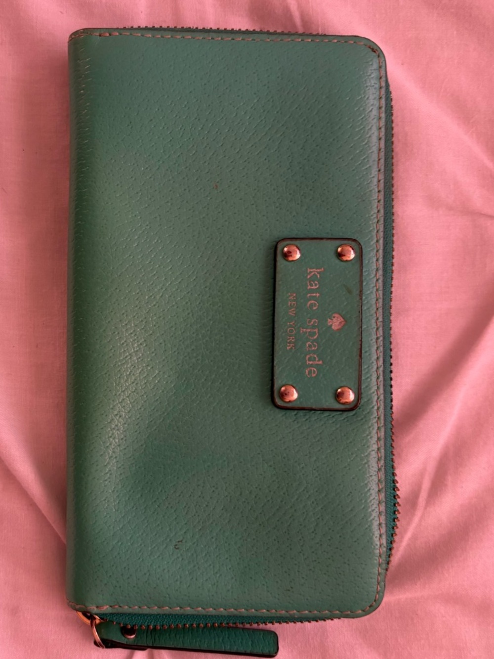 kate spade teal zip-around leather wallet
